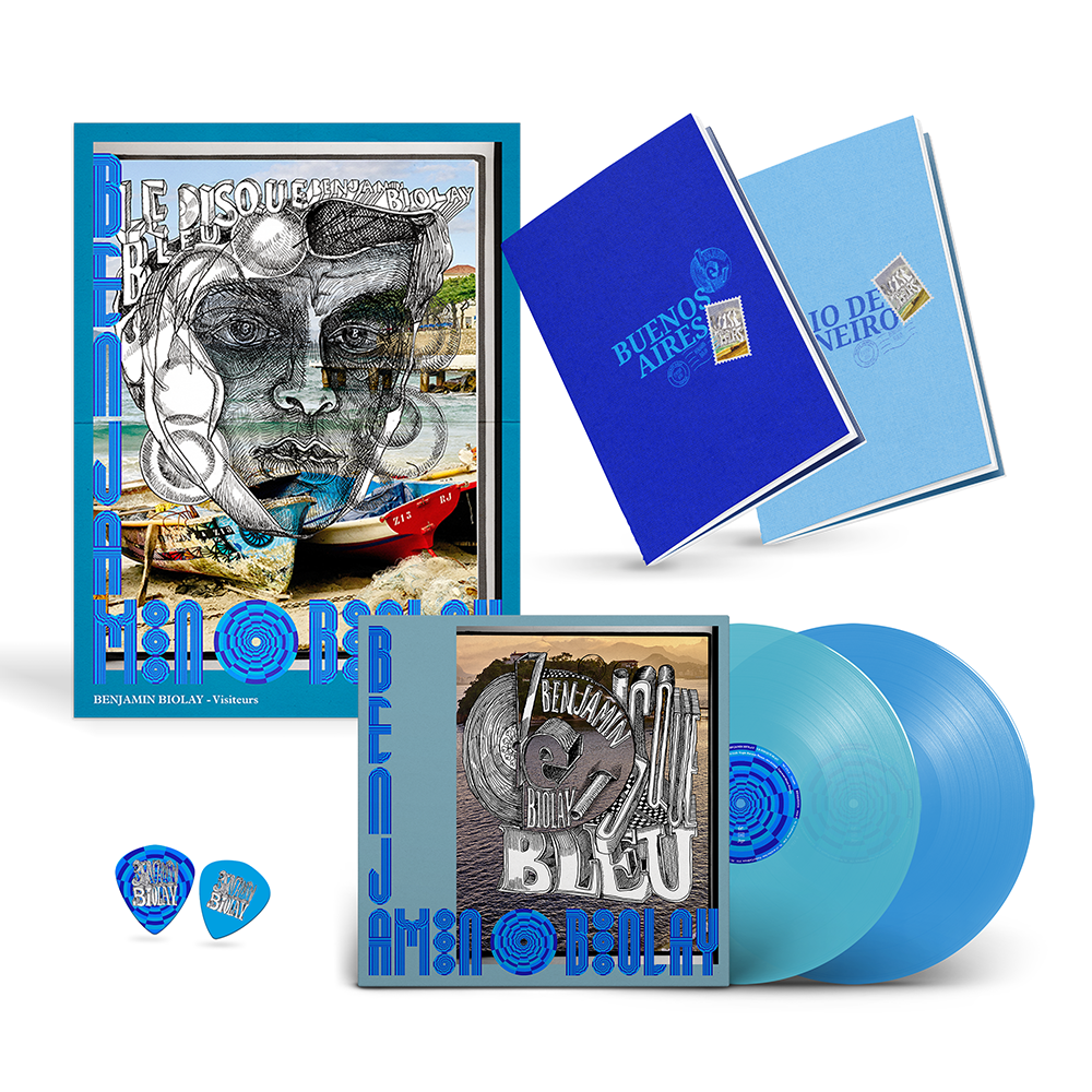 Double Vinyle Exclusif (24 titres) | Le Disque Bleu + Affiche “Visiteurs” dédicacée + 2 carnets “Visiteurs” + set de 2 mediators